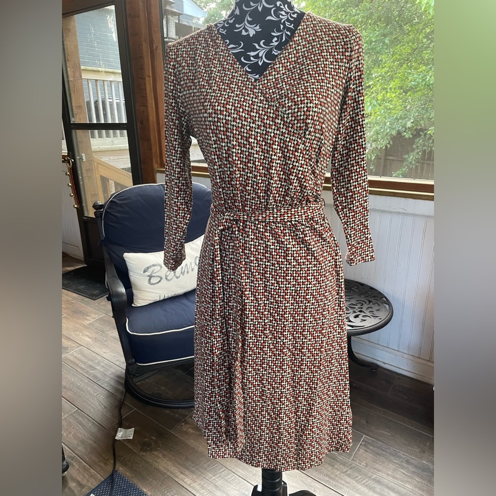 Talbots Brown, Orange and Cream Tie-Front Faux Wrap Dress